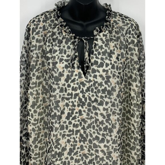 Ava & Viv Top Plus 3X Black White Abstract Elastic Sleeve Tie Front Women New - Picture 2 of 10